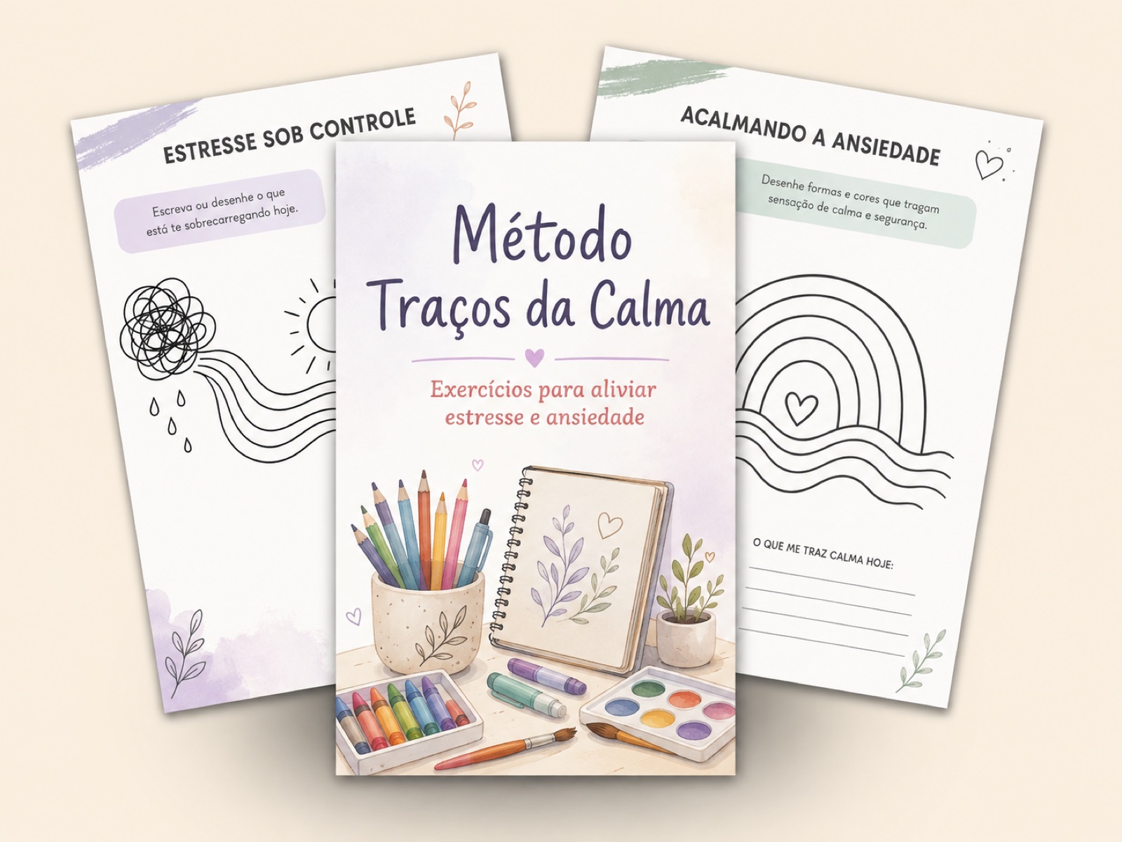 Capa do Método Traços da Calma ao lado das pranchas Estresse sob Controle e Acalmando a Ansiedade